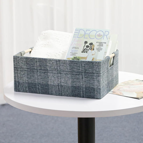 Collapsible Fabric Storage Bin Box - Cotton Linen Storage Cube with Wooden Handles, Medium Dark Gray Plaid Organizer