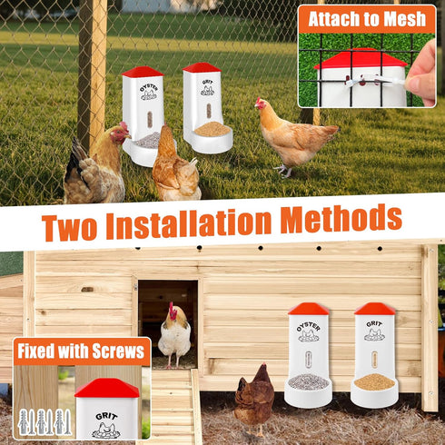2 Pack Chicken Grit and Oyster Shell Feeder, Automatic PVC Chicken Feeder with Visual Window and Lid, Hanging Chicken