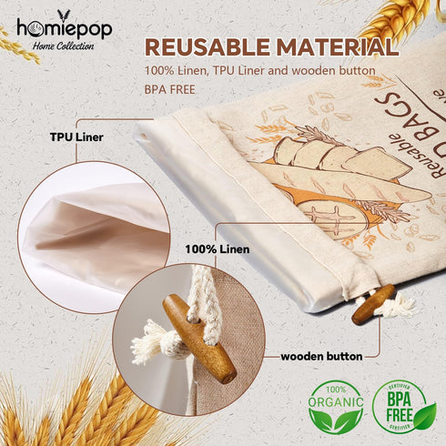 HomiePop (3 Pack) 17x13 Inch Bread Bags for Homemade Bread Linen Reusable Sourdough Bread Bags with TPU Lining Keeps