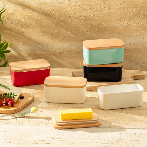 2 Sweese Large Butter Dish - Airtight Butter Keeper Holds Up to Sticks of Butter - Porcelain Container with Beech