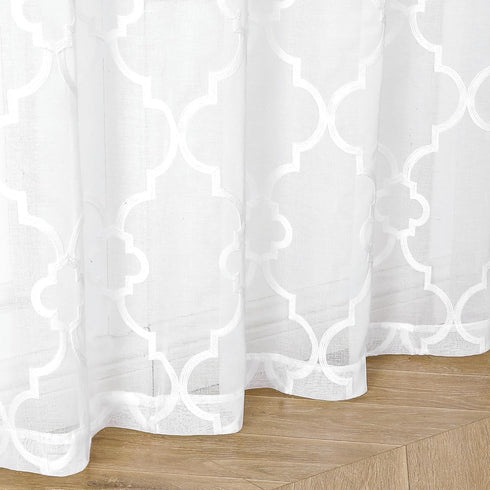 White Sheer Curtains 84 Inches Long, Lattice Geometric Embroidered Semi Sheer Curtain Panels, 52"w x 2pcs, Grommet Top