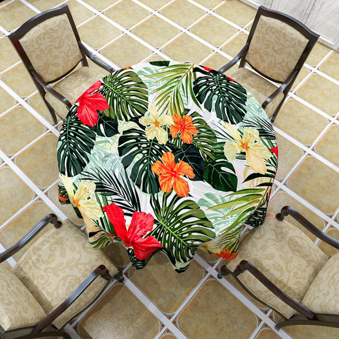 Tropical Hawaiian Palm Tree Tablecloth, 50x50 Inch Wipeable Waterproof Hibiscus Flowers for Aloha/Luau Theme Party