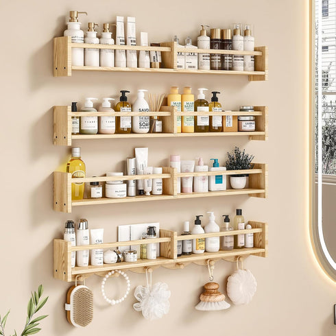 ECOOCE 34Inch Bookshelves,Set 4,Wall 6Hooks,Hanging 29958098(Burlywood, 34) Nursery of Floating Shelf Kids Coat Rack