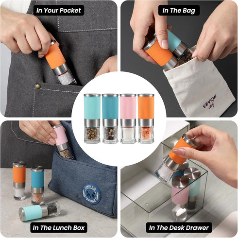 VEVOK CHEF 4Pcs Mini Glass Salt and Pepper Grinder Set, Portable Ceramic Shakers for Travel Kitchen Gift