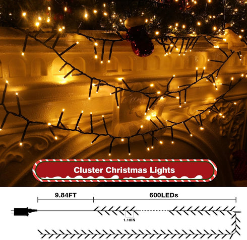 Dofulay 49FT 600 8 Christmas Cluster Lights Plug-in LED Fairy String Lights, Modes Timer Waterproof for Christmas Tree