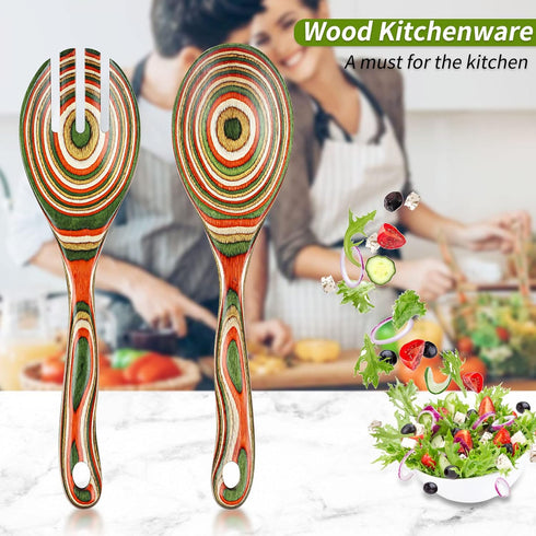 Salad Tongs, Wooden Serving Utensils Set, WOSPONFAN 10-inch Pakkawood for Kitchen Cooking