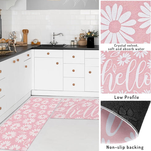 Spring Kitchen Rugs Set of 2, Pink White Daisy Flower Door Mat Non Slip Floor Rugs for Home Kitchen Room Decor