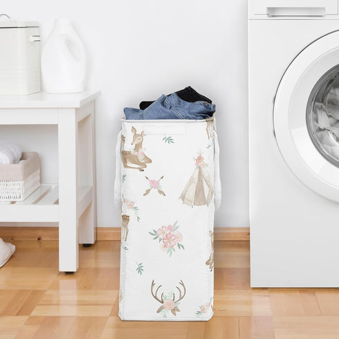 Sweet Jojo Designs Woodland Deer Floral Girl Laundry Hamper Foldable Dirty Clothes Basket with Handles Baby Nursery