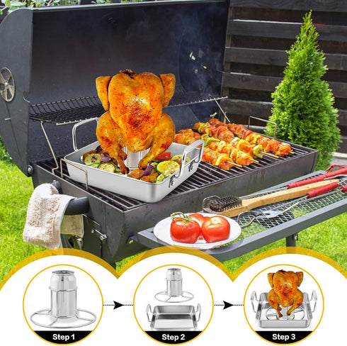 P&P CHEF Beer Can Chicken Holder with Roasting Pan Set | 9-inch Stainless Steel Baking Pan and Chicken Rack