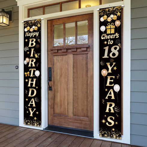 Happy Birthday Cheers to 18 Years Black Gold Yard Sign Door Banner for 18th Birthday Decorations Party Supplies