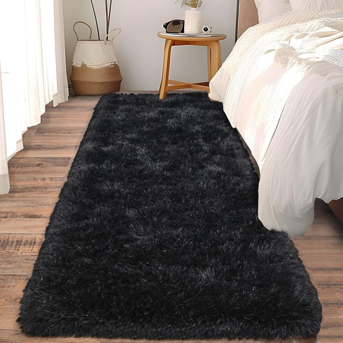 Soft Runner Rugs for Bedroom Hallways - 2x6 Black Fluffy Shag Throw Area Rug Non-Slip for Bedside Dorm Living Room