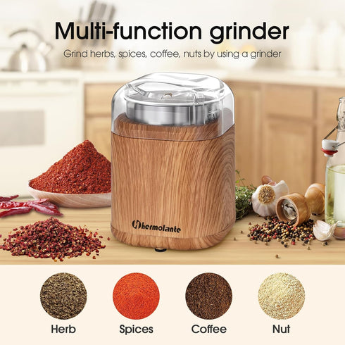 Herb Grinder Electric Spice Grinder, 200W with Stainless Steel Blade and Cleaning Brush, Compact Size, Wood Grain