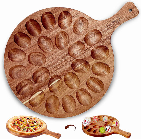 Acacia Wood Deviled Egg Platter,24 Holes Deviled Egg Tray.Round Deviled Egg Holder