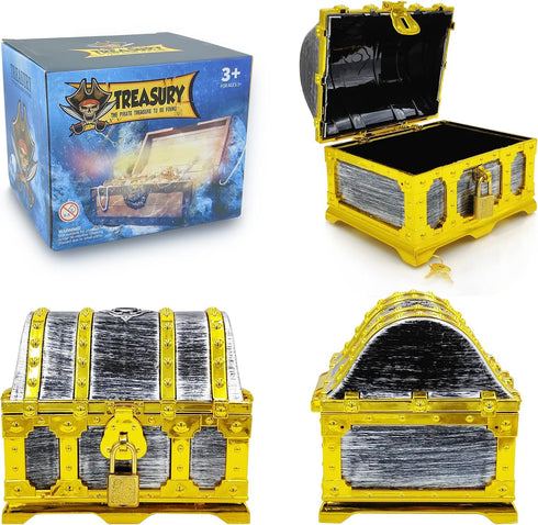 Kids Golden Frame Pirate Treasure Chest with Lock and Key, Decorative Storage Box for Birthday Pirate Party Favors