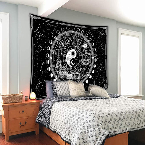 Twelve Constellation Tapestry, Black and White Sun and Moon, Yin and Yang Mystic Wall Hanging for Home Decor