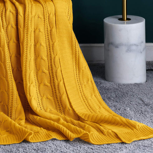 jinchan 50"x60" Cozy Cable Knit Throw Blanket for Couch Lightweight Soft Throw Blanket Mustard Yellow Decorative Throws