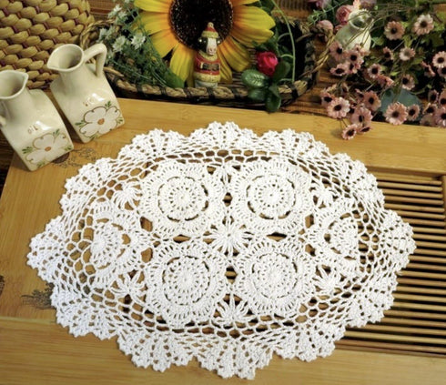 Phantomon Handmade Crochet Cotton Lace Placemats, Pack of 4 Oval Shape Doilies, White, 12 x 17 inch