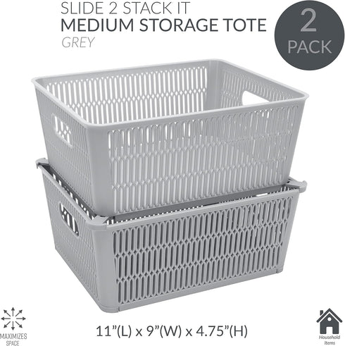 Simplify 2Pk Large Slide 2 Stack It Tote Basket | Storage & Organization | Open Bins with Stackable Capability | Bathroom | Crafts | Pantry | Playroom | Office | Grey