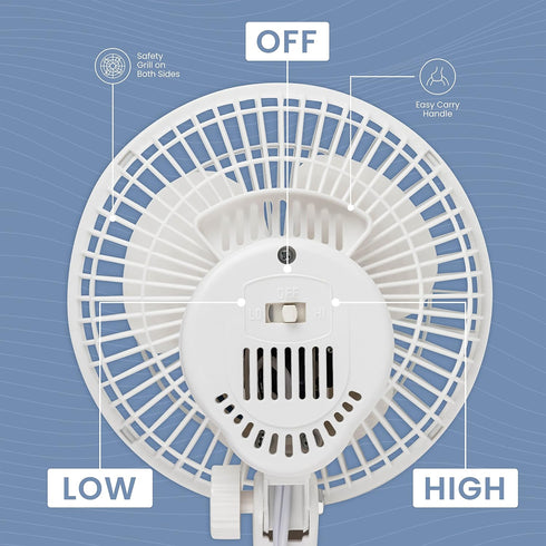 Air-Cooling 6-Inch Clip on Fan, 360° Rotation, Two Speed Portable Desk Fan with Strong Clamp Grip for Quiet Operation