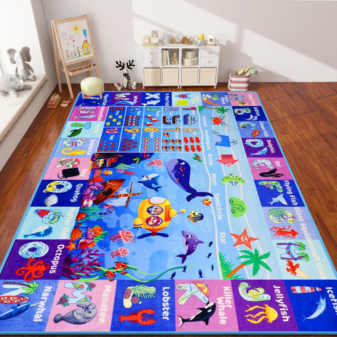 Mfmiudole 59"39.4" ABC Kids Rug for Playroom Ocean Rug Baby Play Mat Alphabet Carpet Sea Animal Number Shape Classroom