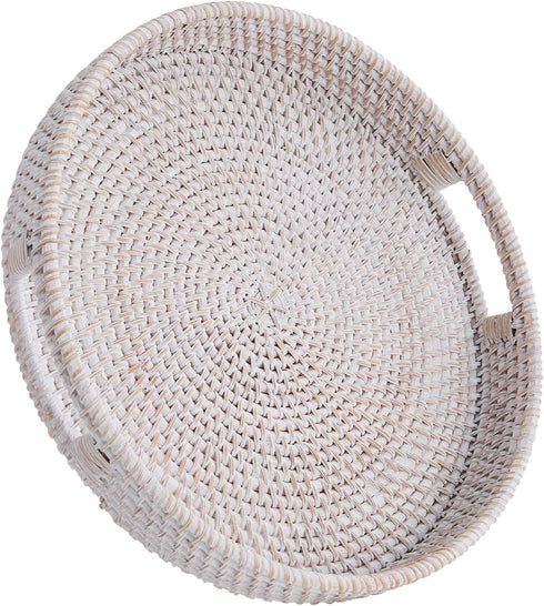 Kmelep Round Rattan Serving Tray,Hand-Woven Tray with Handles, Ottoman Decorative Coffee Table Tray,Wicker