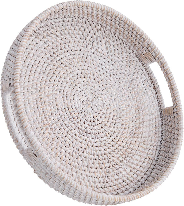 Kmelep Round Rattan Serving Tray,Hand-Woven Tray with Handles, Ottoman Decorative Coffee Table Tray,Wicker
