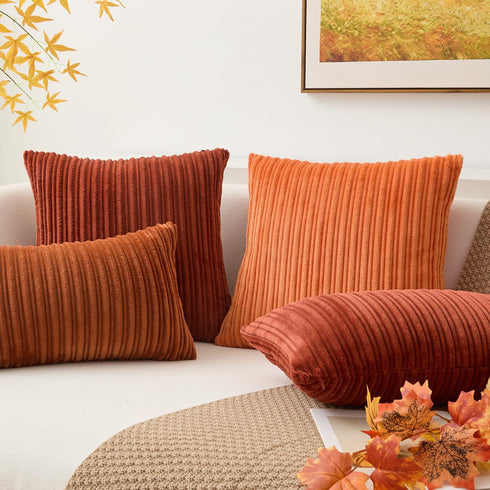 Kevin Textile Set of 2 Fall Pillow Covers, Solid Supersoft Corduroy, Burnt Brick, 18x18 Inch