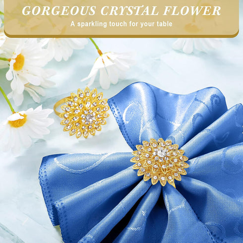 Geiserailie 6 Pcs Gold Flower Napkin Rings, Alloy Floral Crystal Rhinestone Holders for Wedding, Holiday Table
