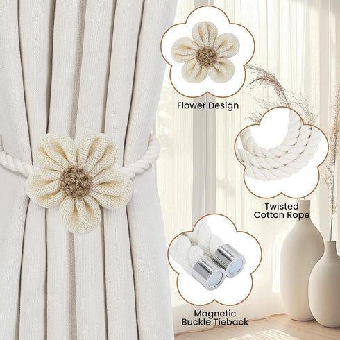 2 Pack KLOGTSIND Magnetic Curtain Tiebacks, Flower Curtain Holdbacks for Draperies, Elegant Curtain Tie Backs for Boho