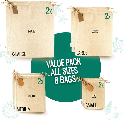 LEAFICO Muslin Cloth Bags with Drawstrings - Set of 8 (S, M, L, XL) - Reusable Natural Cotton Bags for Bulk Food Storage