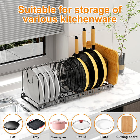 Expandable Pot and Pan Organizer Under Cabinet, Rack with 12 Size Dividers for Kitchen Cabinet and Pantry Storage