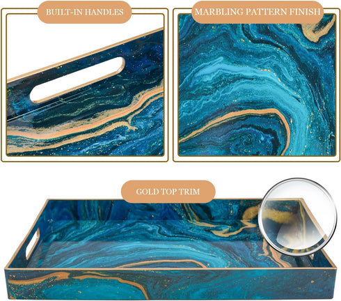 15.7 11.8 MAONAME Plastic Decorative Tray, Marbling Tray with Handles, Rectangular Coffee Table Trays, Blue Serving