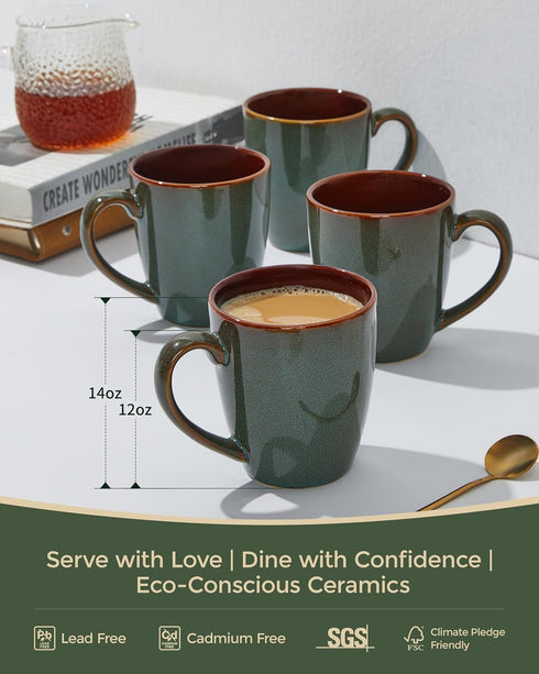14 oz, Set 4, Set Pokini Coffee Mug Ceramic Coffee Mugs of Reactive Glaze Mug for Latte/Tea/Cappuccino, Large Stackable