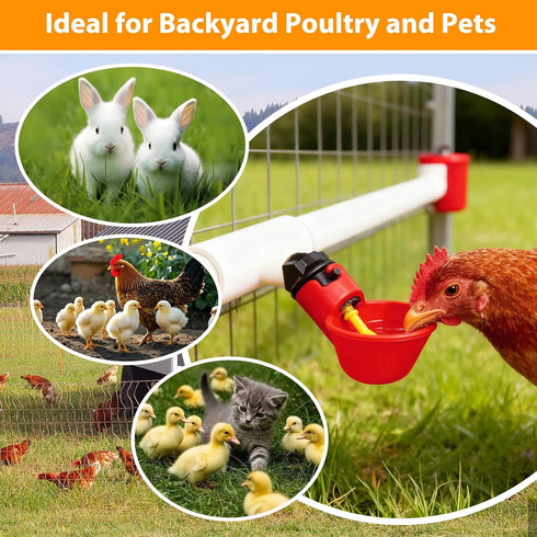 Pack 6 1/8 Inch Chicken Waterer Cups, of Chicken Waterer PVC Tee Fittings, with FTP Threads, Automatic Chicken Water