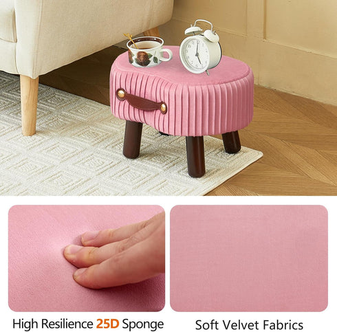 Small Ottoman Foot Rest with Handle, Velvet Footstool with Wooden Legs & Soft Padded Seat, Foot Stool for Living Room