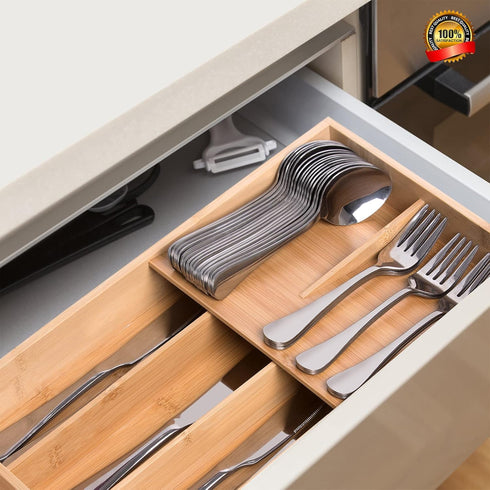 Bamboo Silverware Organizer, Kitchen Drawer Utensil Tray Holder for Spoons, Forks, and Knives