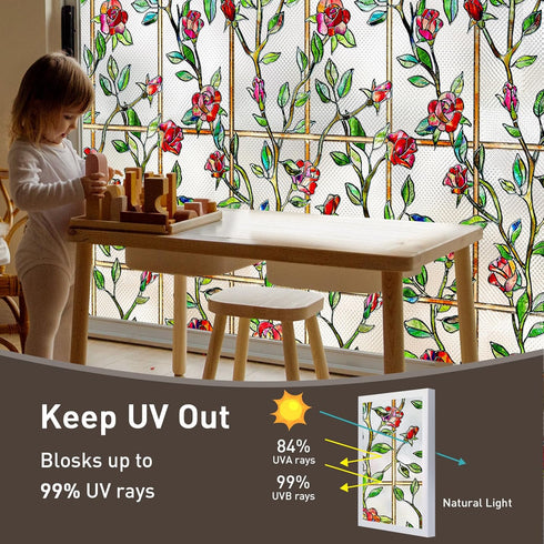 Windimiley 3D Rose Stained Glass Window Privacy Film, Non Adhesive Flower Window Tint for Bathroom (16.9 x 39.4 in)