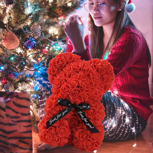 LINKLO Rose Bear - 10 inch Artificial Rose Flower Teddy Bear Gift for Wedding, Mothers Day (Red)