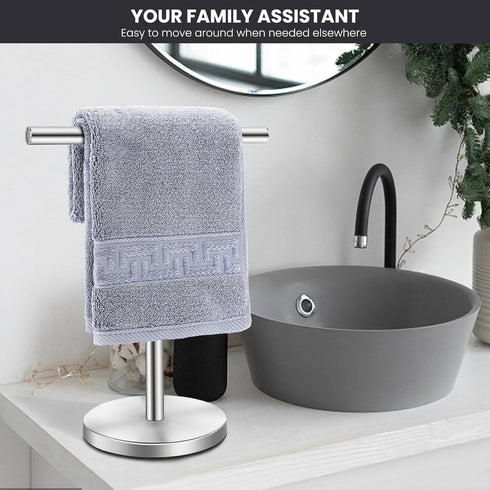 T-Shape Bath Hand Towel Holder Stand - Stainless Steel Free Standing Rack for Bathroom and Kitchen, Silver
