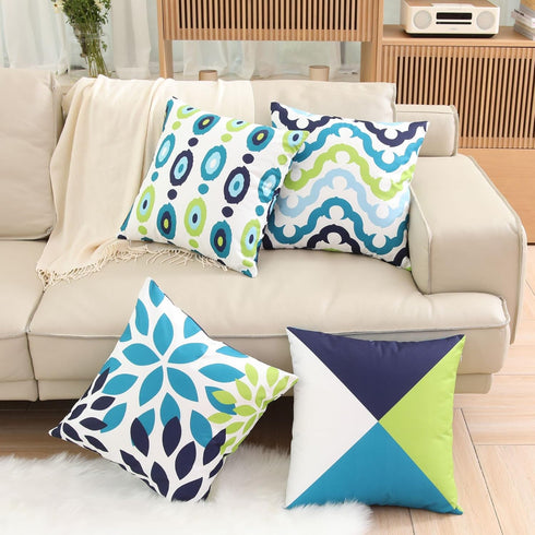 Decorative Green Blue Abstract Throw Pillow Covers 16x16 Inch, Set of 4 Geometric Cotton Linen Cushion Covers