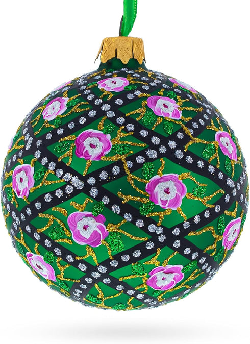 1907 Rose Trellis Royal Egg Green Glass Ball Christmas Ornament, 3.25 Inches