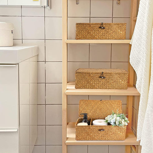 Hipiwe Seagrass Storage Basket Bin with Lid, Rectangular Woven Shelf Baskets with 3-Section Toilet Paper Holder for