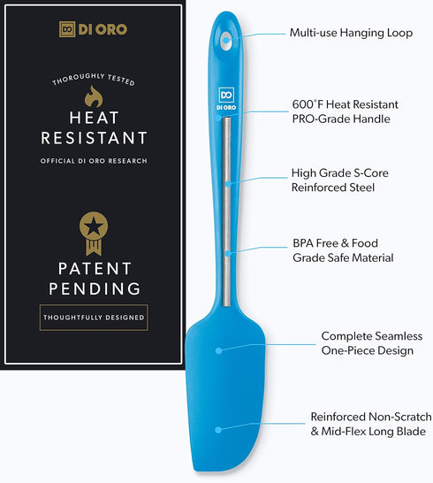 DI ORO Mini Spatula - Silicone Kitchen Scraper for Baking & Cooking, Heat-Resistant up to 600°F (Blue)