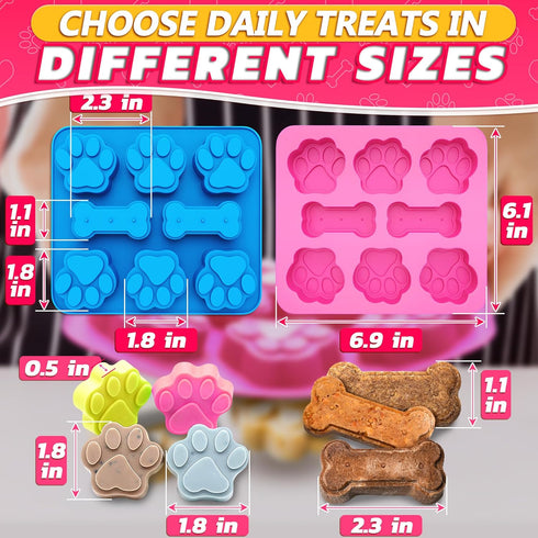 2 Pcs Dog Treat Molds - Bone & Paw Shaped Silicone, Non-Sticking, Blue & Pink for Homemade Treats