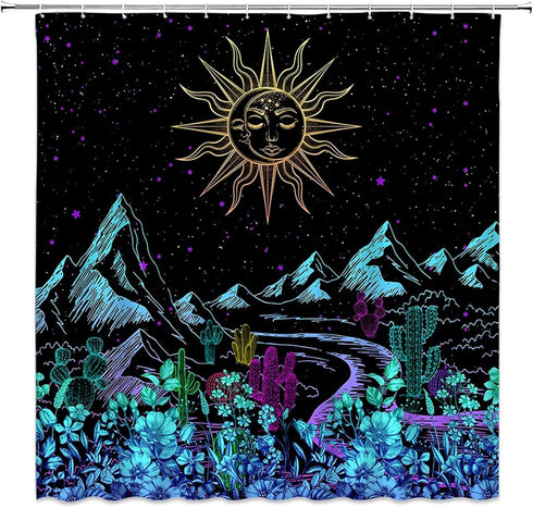Abstract Mountain Shower Curtain, Boho Sun Moon Landscape Night Star, Colorful Gothic Bathroom Decor with Hooks