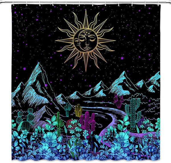 Abstract Mountain Shower Curtain, Boho Sun Moon Landscape Night Star, Colorful Gothic Bathroom Decor with Hooks