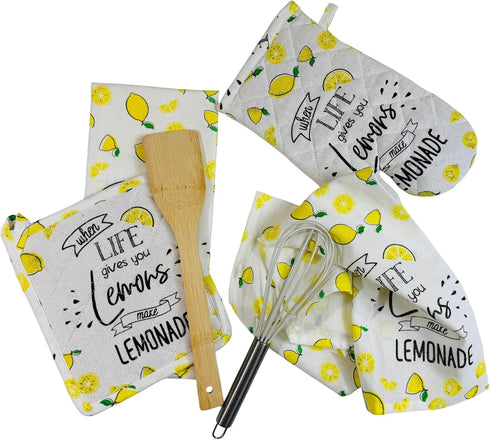 Lemon Kitchen Towels and Pot Holders Set: Colorful Printed "When Life Gives You Lemons, Make Lemonade" on 100% Cotton