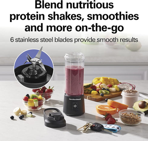 Hamilton Beach Mini Cordless Portable Blender for Shakes and Smoothies, USB Rechargeable, 16 oz Jar with Travel Lid