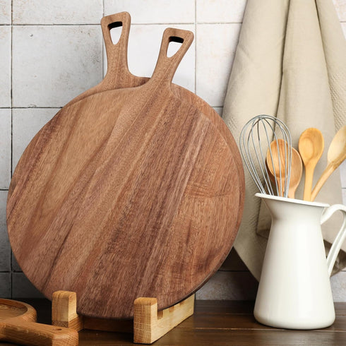 15.4 11.4 Inch 6 x Pcs Acacia Large Wood Cutting Board with Handle Round Large Wooden Cutting Boards Cutting Serving