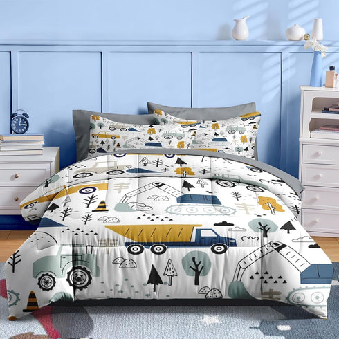 5 Set Bulldozer Nesker Pcs Comforter Twin Size, Cute Cars Truck Tractor Bedding for Kids Teen, Cargo Crane Excavator
